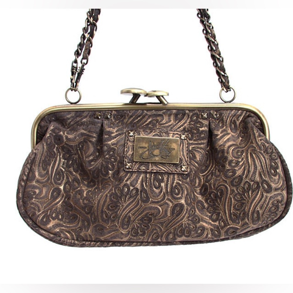 John Fluevog Lindsay Brass Golden Clutch Removable Chain Leather Floral Print